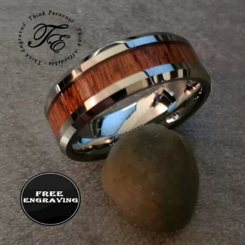 Men's Real Silver Tungsten Wedding Ring Whiskey Barrel Wood Inlay